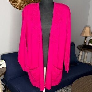 Women's Liz Claiborne Fuschia Open Front Embroidered Wool Blend Cardigan 1X